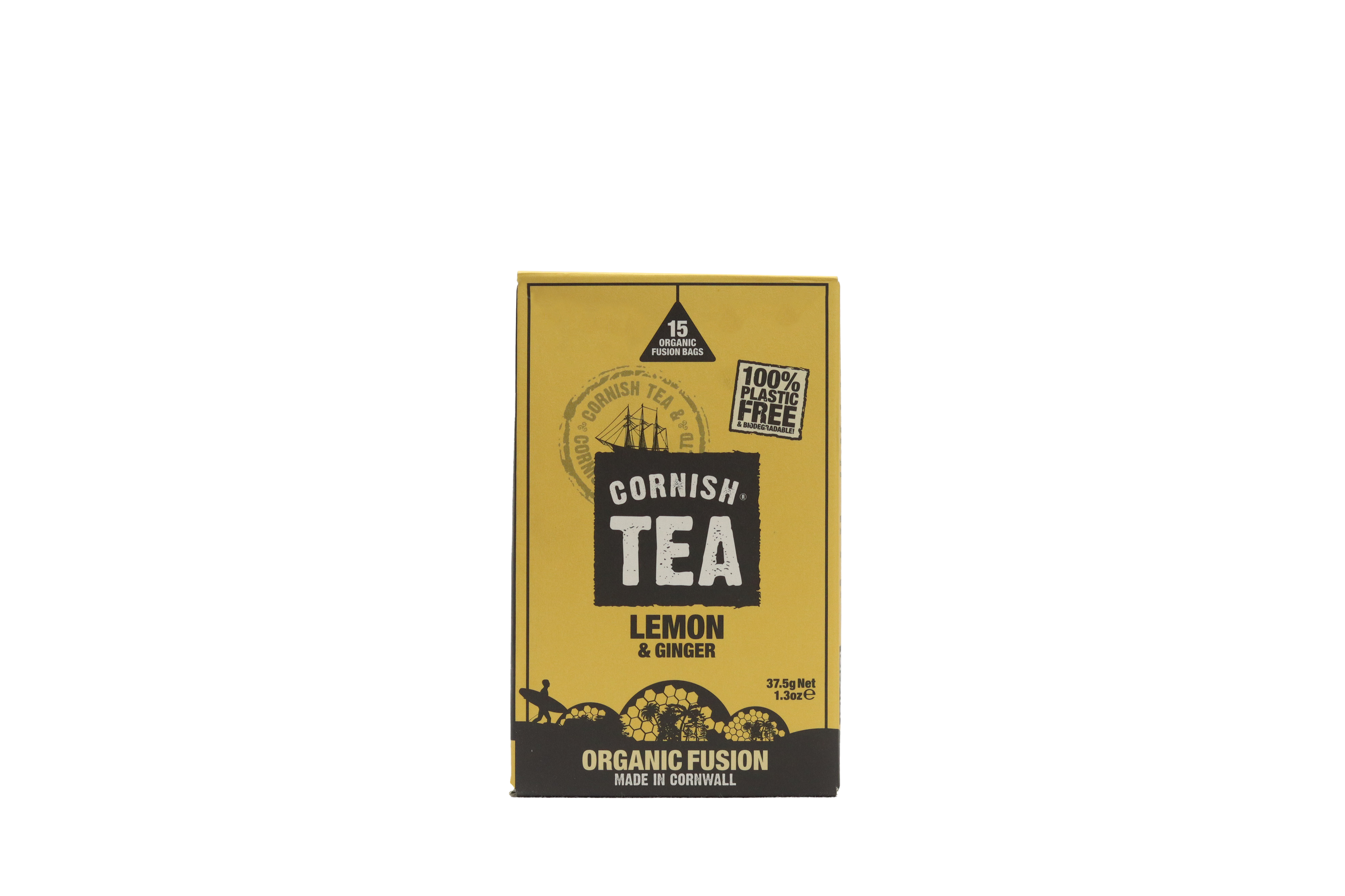 Pack of 15 organic Lemon & Ginger fusion tea bags with ginger, lemongrass, and citrus peel, naturally caffeine-free and certified organic.