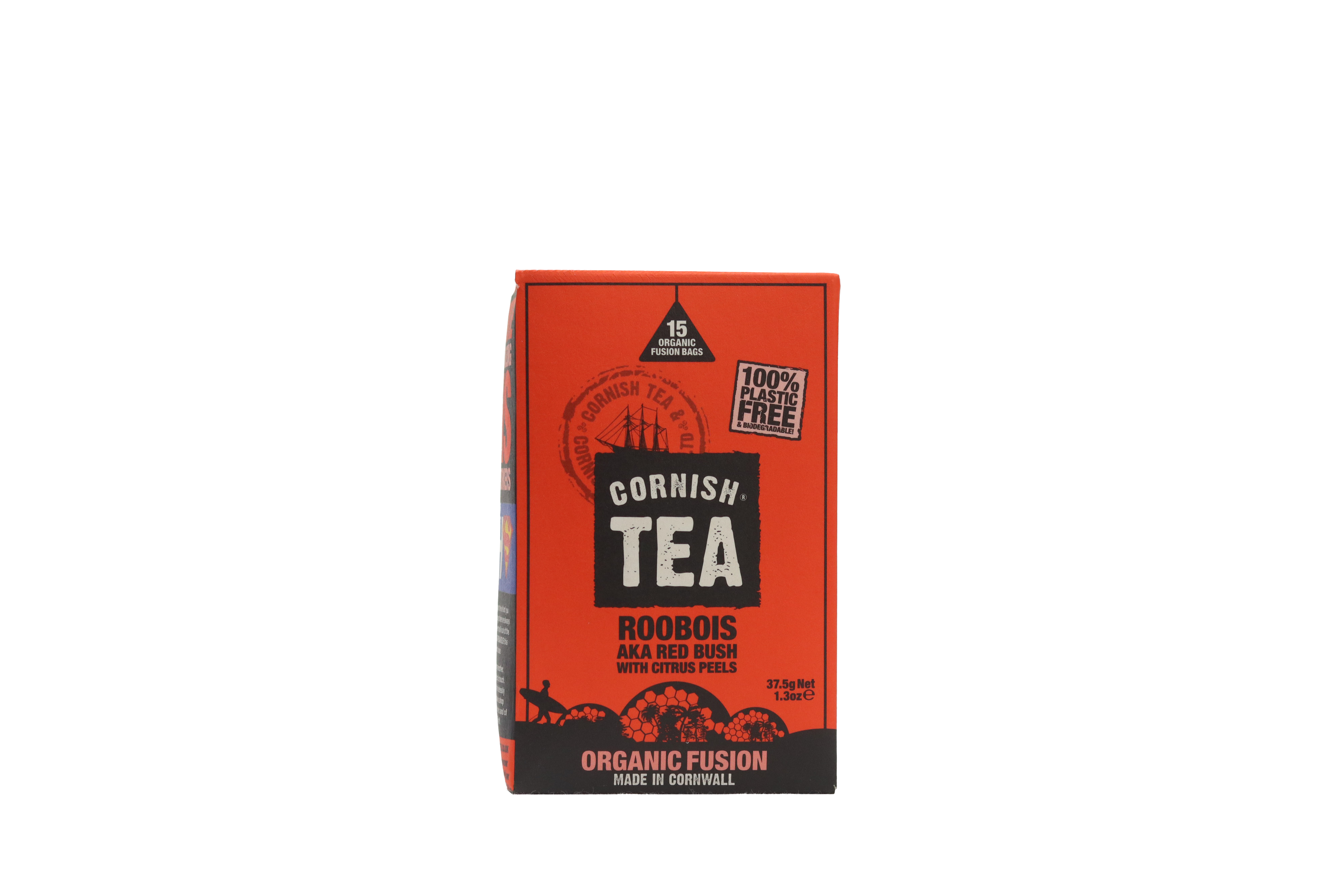 Box of 15 Rooibos Fusion Tea Bags – organic redbush with citrus and hibiscus, caffeine-free in biodegradable bags.