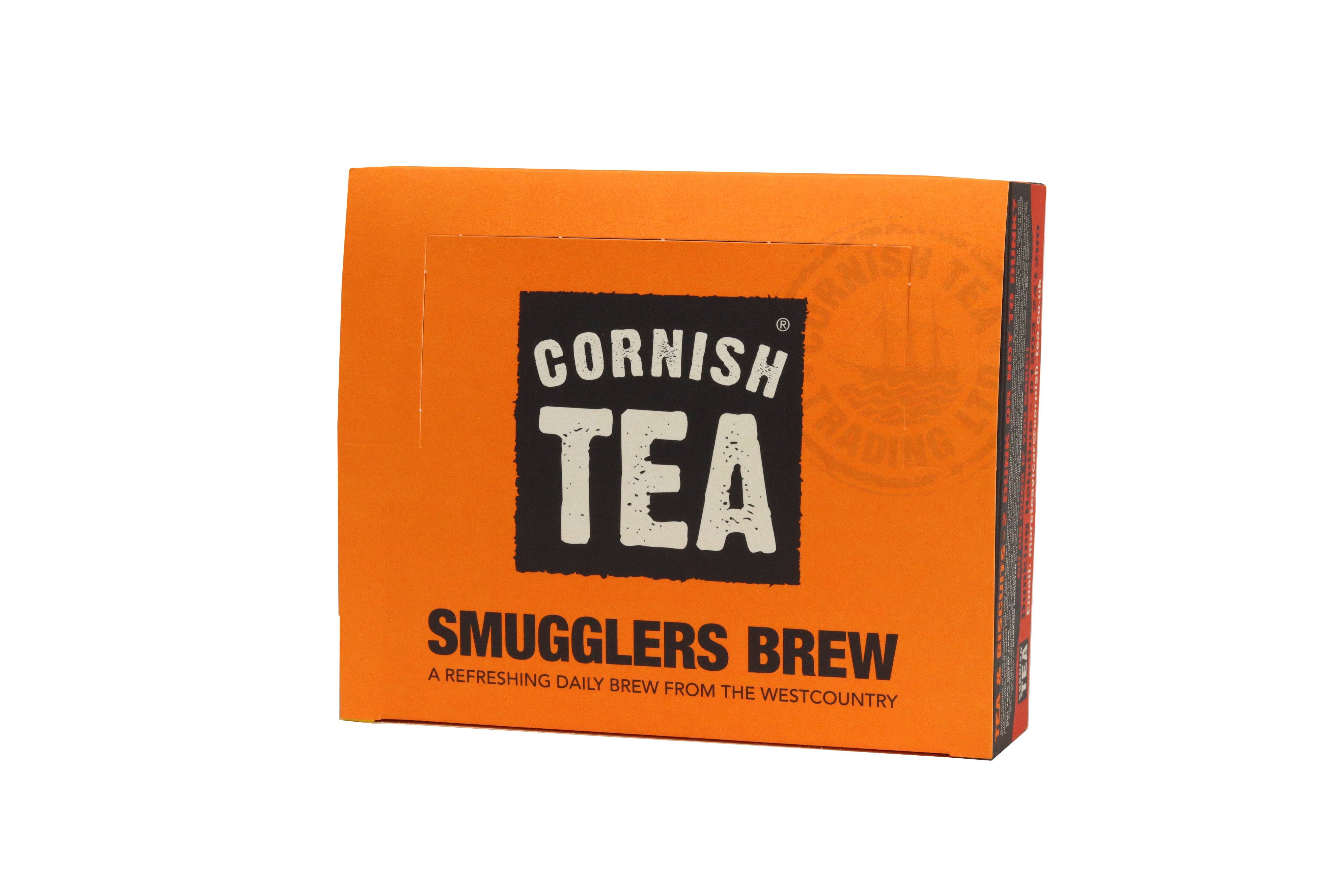 Box of 100 Smugglers Brew string and tag tea bags, plastic-free and packed in Cornwall.