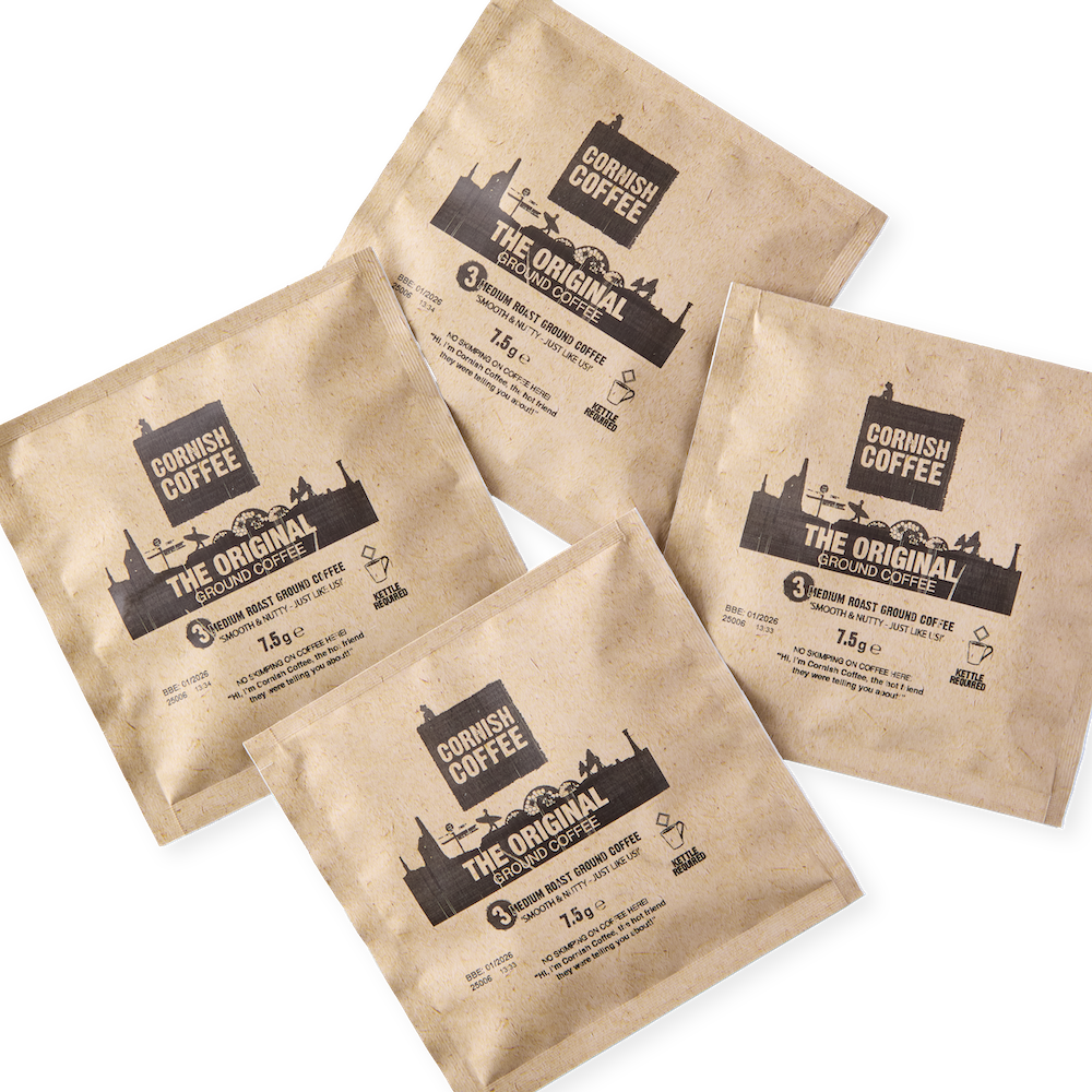 Cornish Coffee Bags with Cornish Coffee branding.