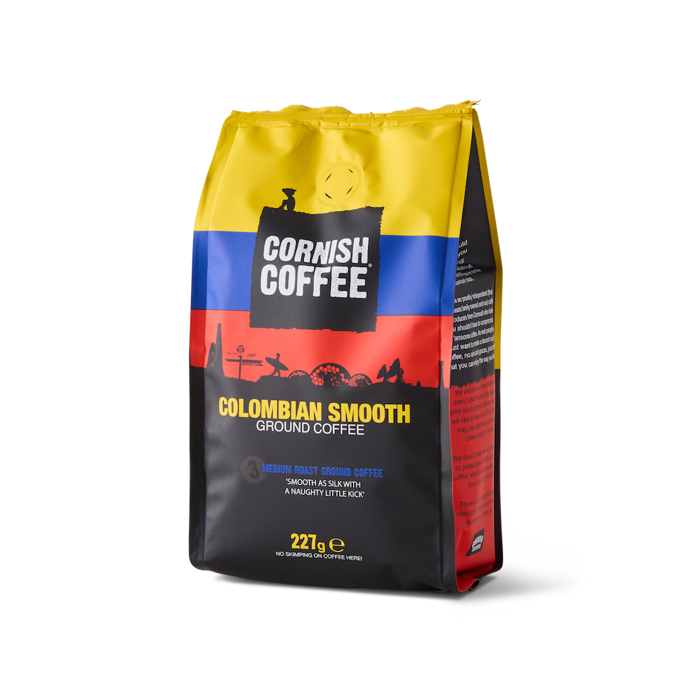 Bag of Colombian Smooth Ground Coffee - 227g medium roast made with 100% Colombian Arabica beans, produced in Cornwall.