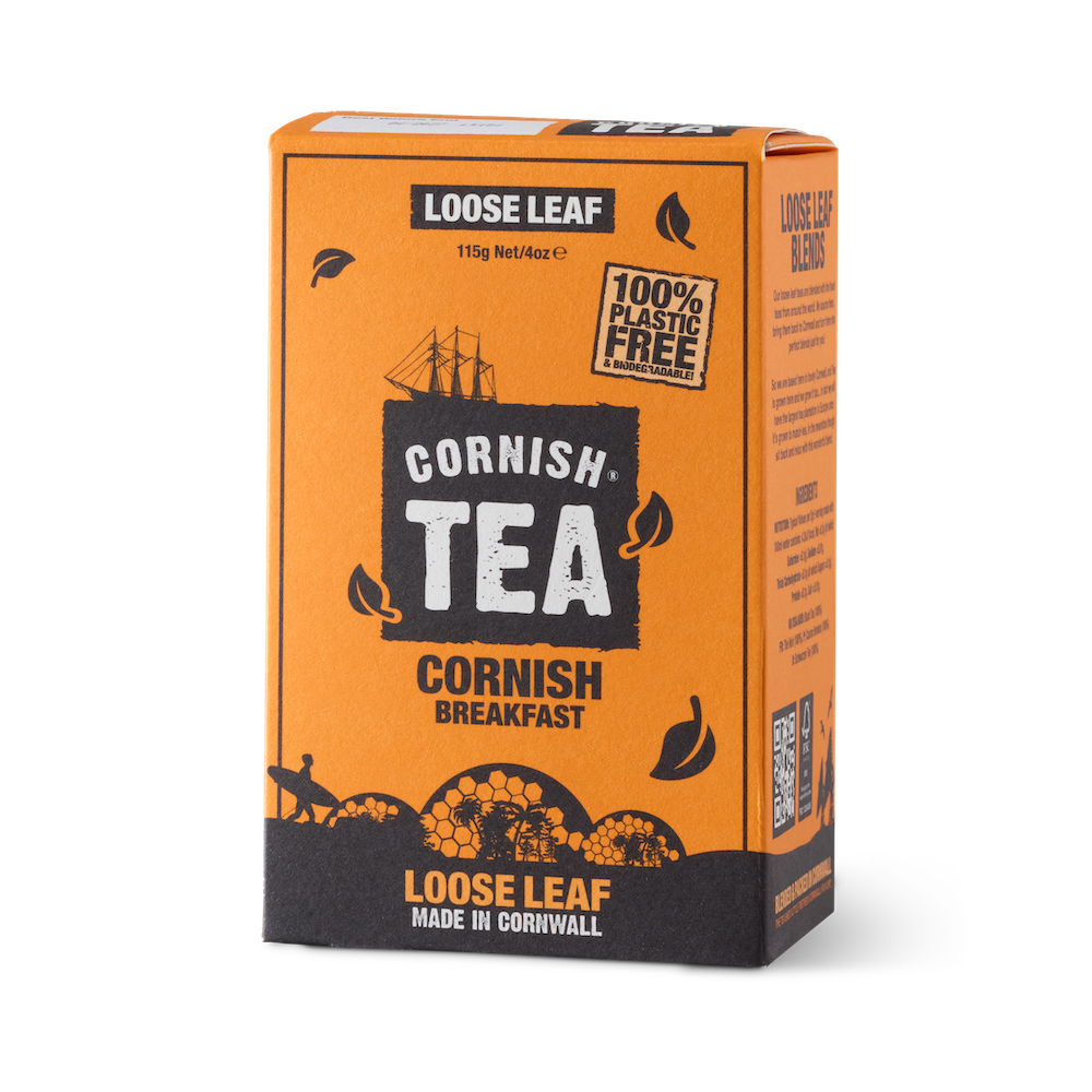 Box of Cornish Breakfast Loose Leaf Tea featuring Cornish Tea branding.