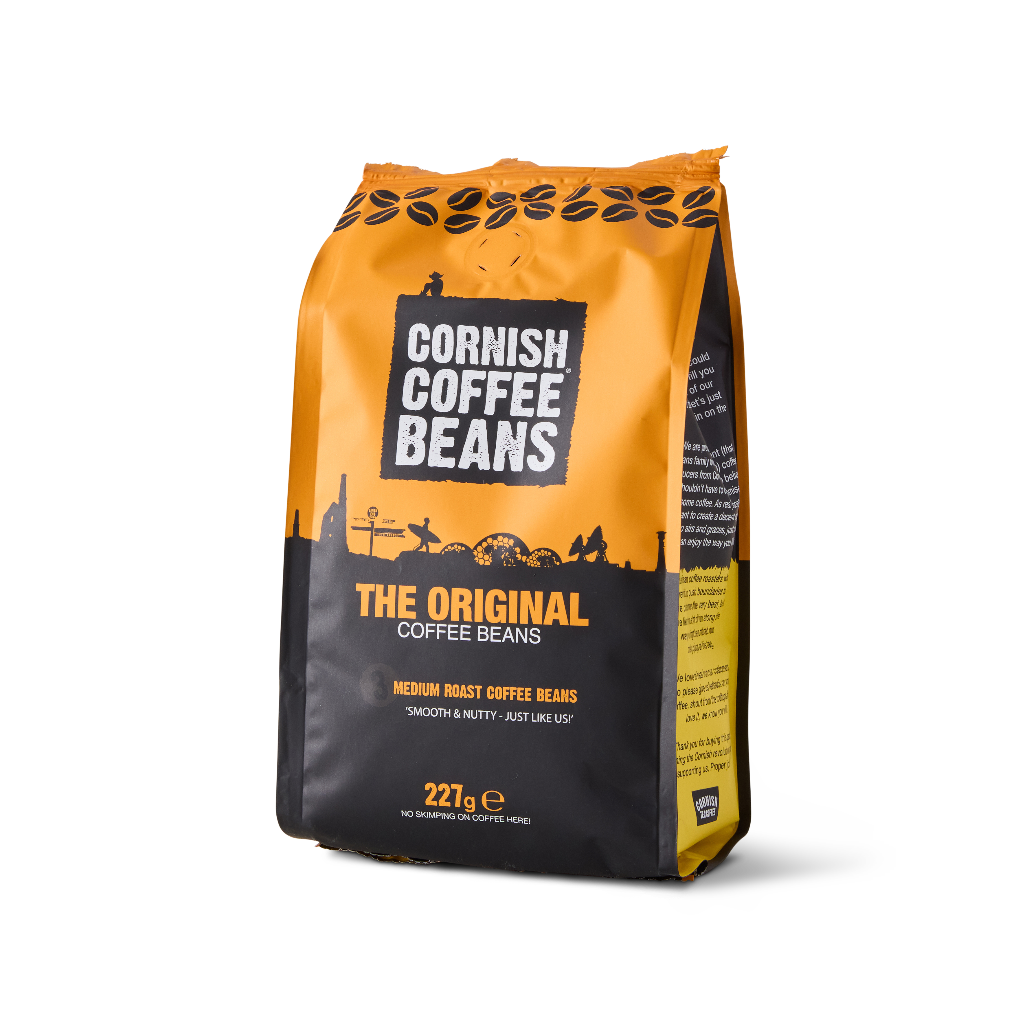 227g bag of Cornish Coffee Beans – original blend with smooth, well-rounded flavour, honey and vanilla notes, roasted in Cornwall.