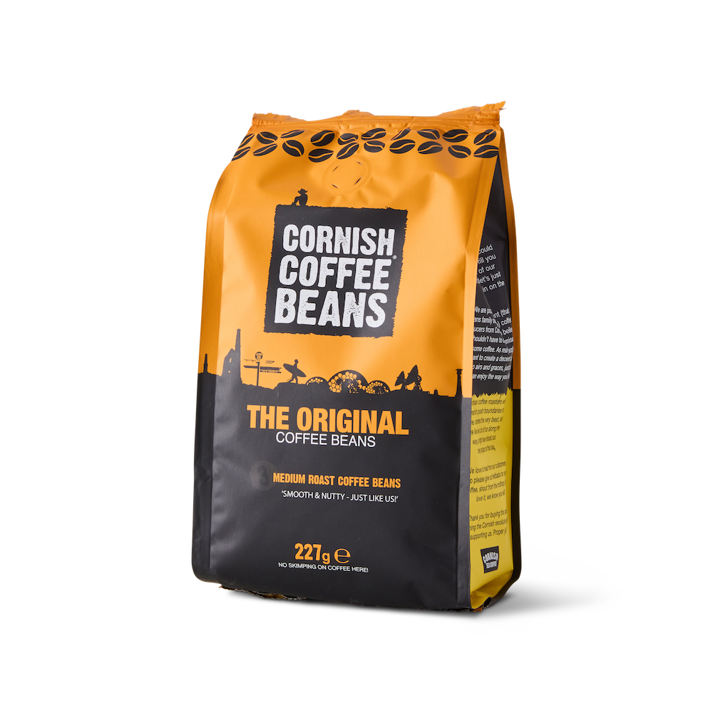 227g bag of Cornish Coffee Beans – original blend with smooth, well-rounded flavour, honey and vanilla notes, roasted in Cornwall.