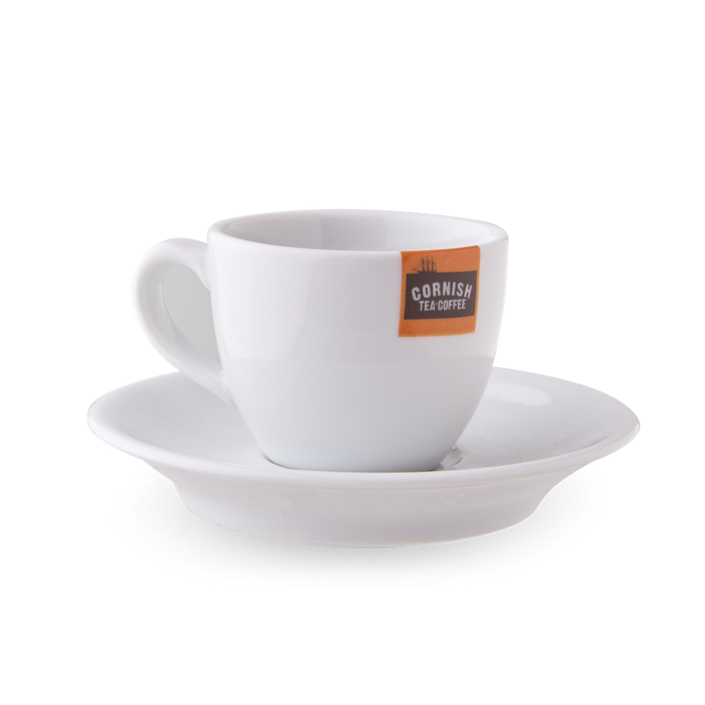 White Cornish Coffee espresso cup with Cornish Tea & Coffee logo
