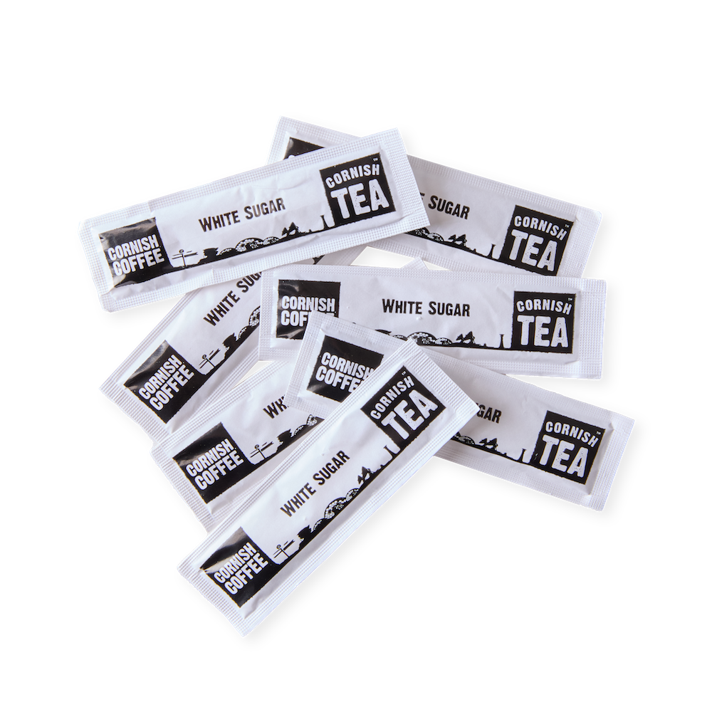 Pack of approx. 1,000 white Cornish Tea & Coffee branded sugar sticks for home, events, or holiday hampers.