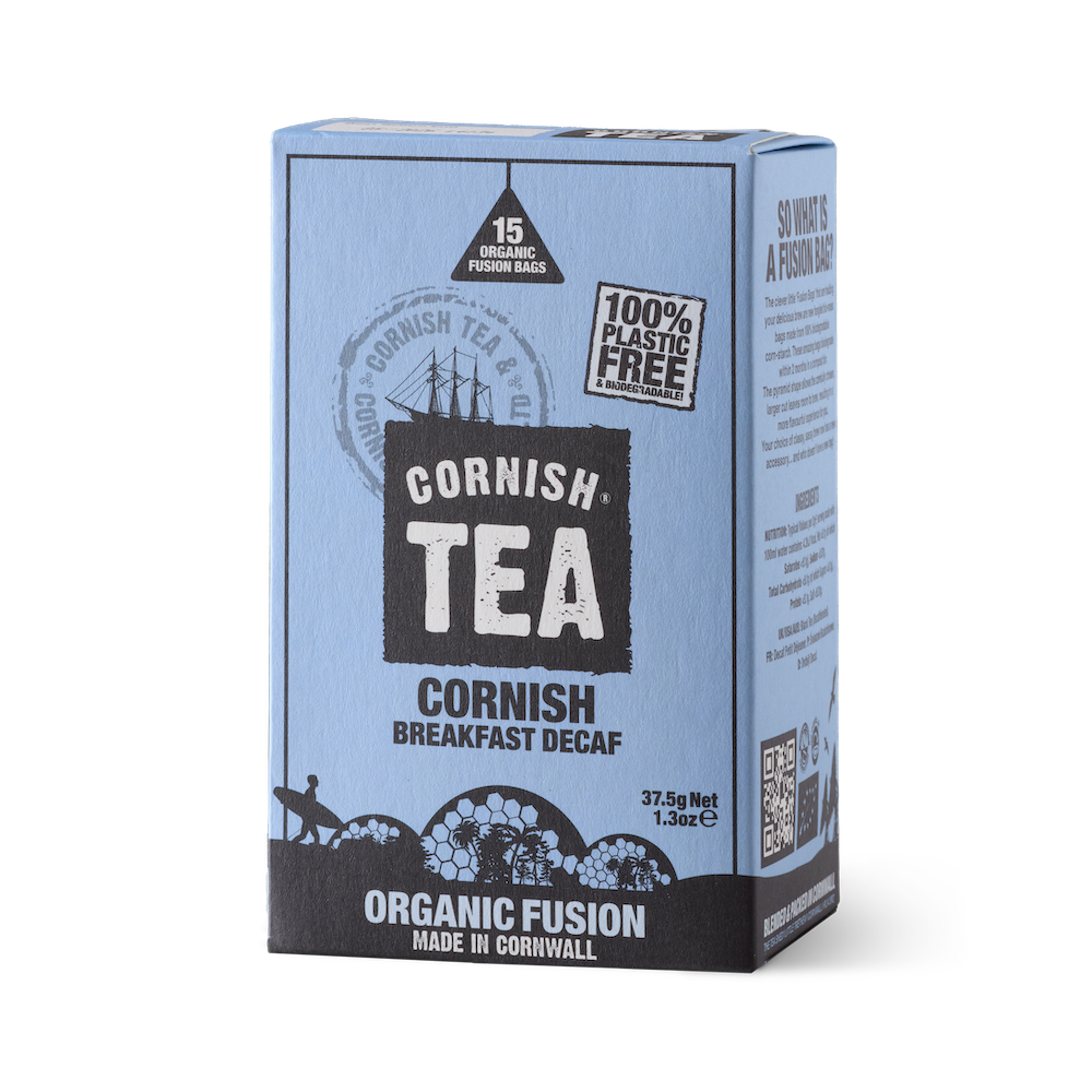 Box of 15 decaffeinated Cornish Breakfast tea bags, organic and plastic-free, made using the Swiss Water method with rich black tea flavour.