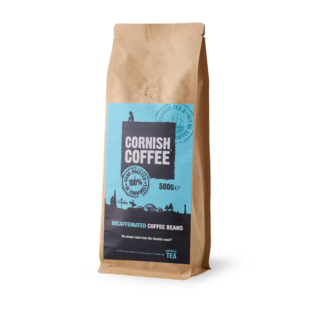 500g bag of Decaffeinated Home Roast Coffee Beans – smooth, nutty, and Swiss Water processed, roasted in Cornwall.
