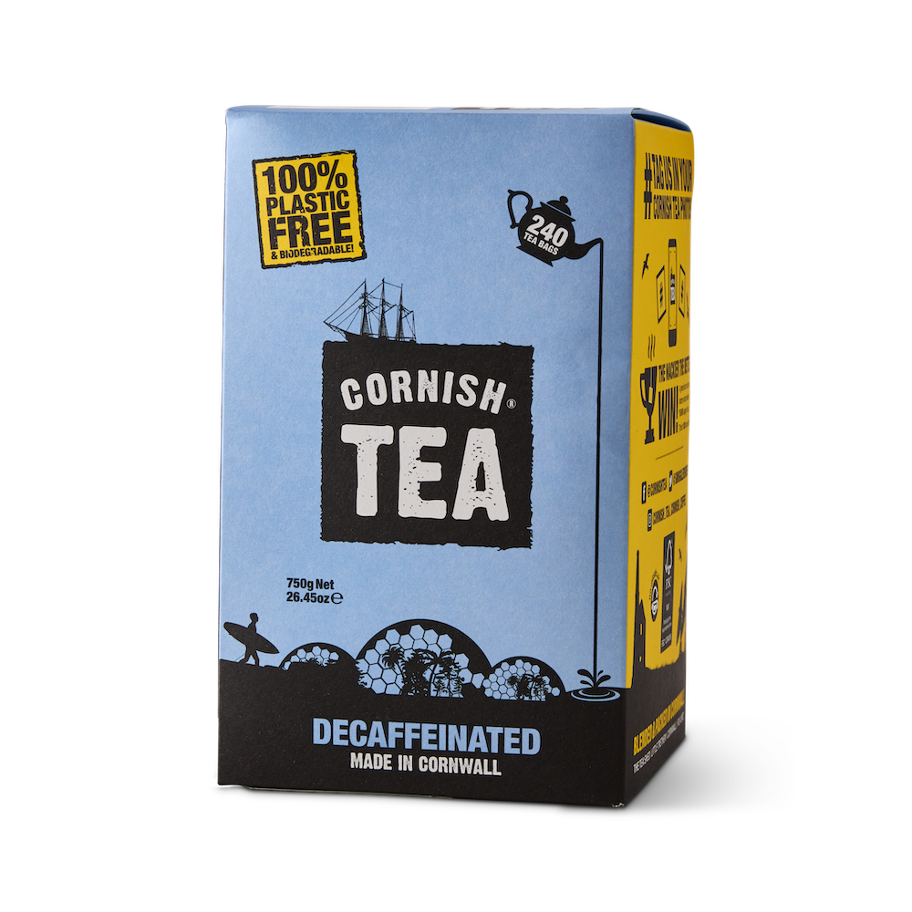 Box of 240 Smugglers Brew Decaf Tea Bags - classic Cornish Tea design with plastic-free logo and Cornish landmarks silhouette.
