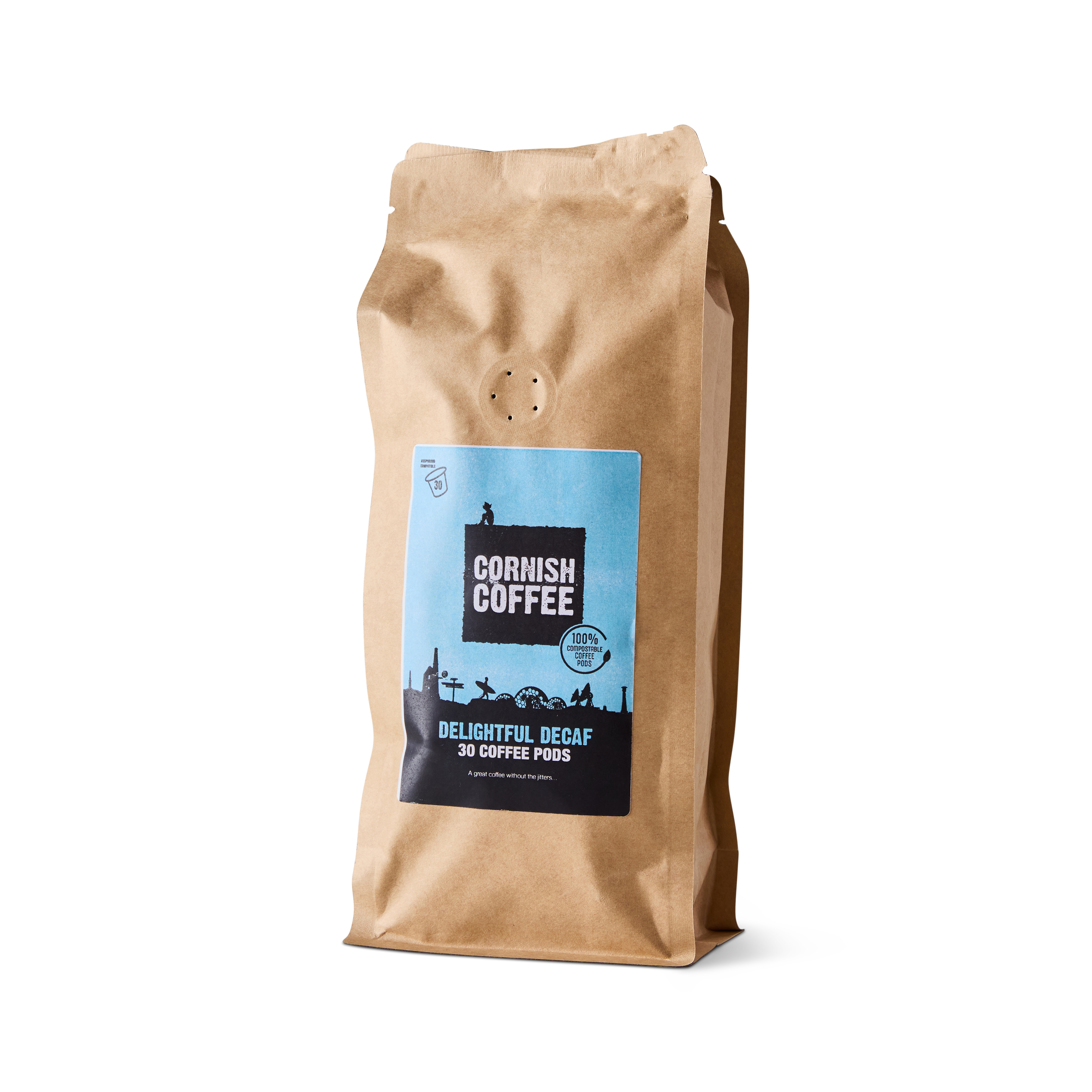 Bag of Delightful Decaf Cornish Coffee Pods - 30 Nespresso-compatible compostable capsules with smooth, mellow flavour.