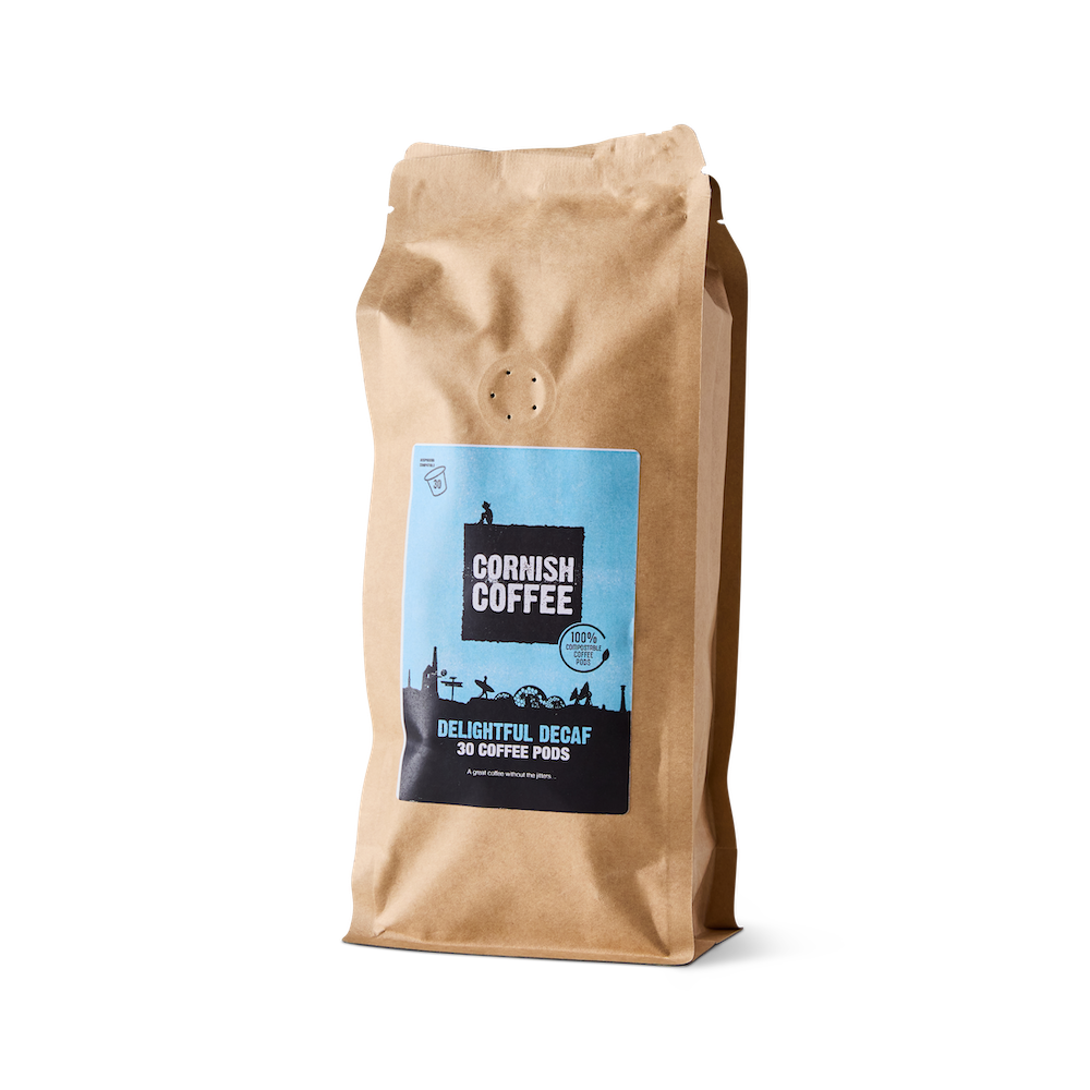 Bag of Delightful Decaf Cornish Coffee Pods - 30 Nespresso-compatible compostable capsules with smooth, mellow flavour.