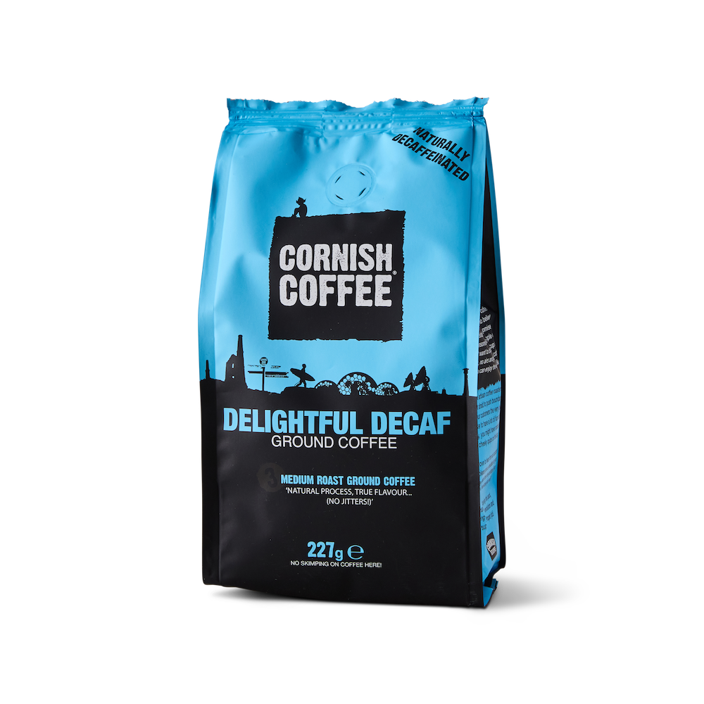 227g pack of Cornish Coffee Delightful Decaf – ground coffee made from 100% Arabica beans, naturally decaffeinated using a CO₂ process.