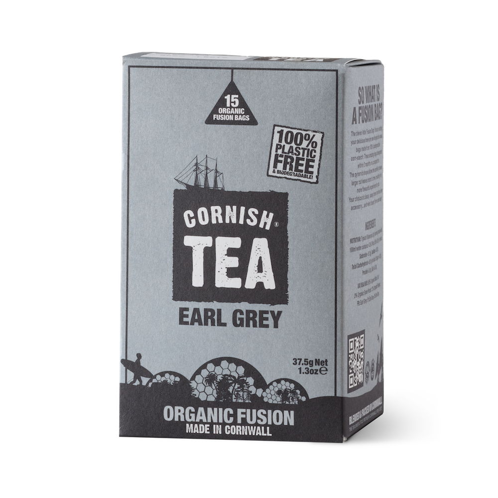 Box of 15 Earl Grey fusion tea bags with African black tea and a subtle hint of rose petals, aromatic and caffeine-rich.