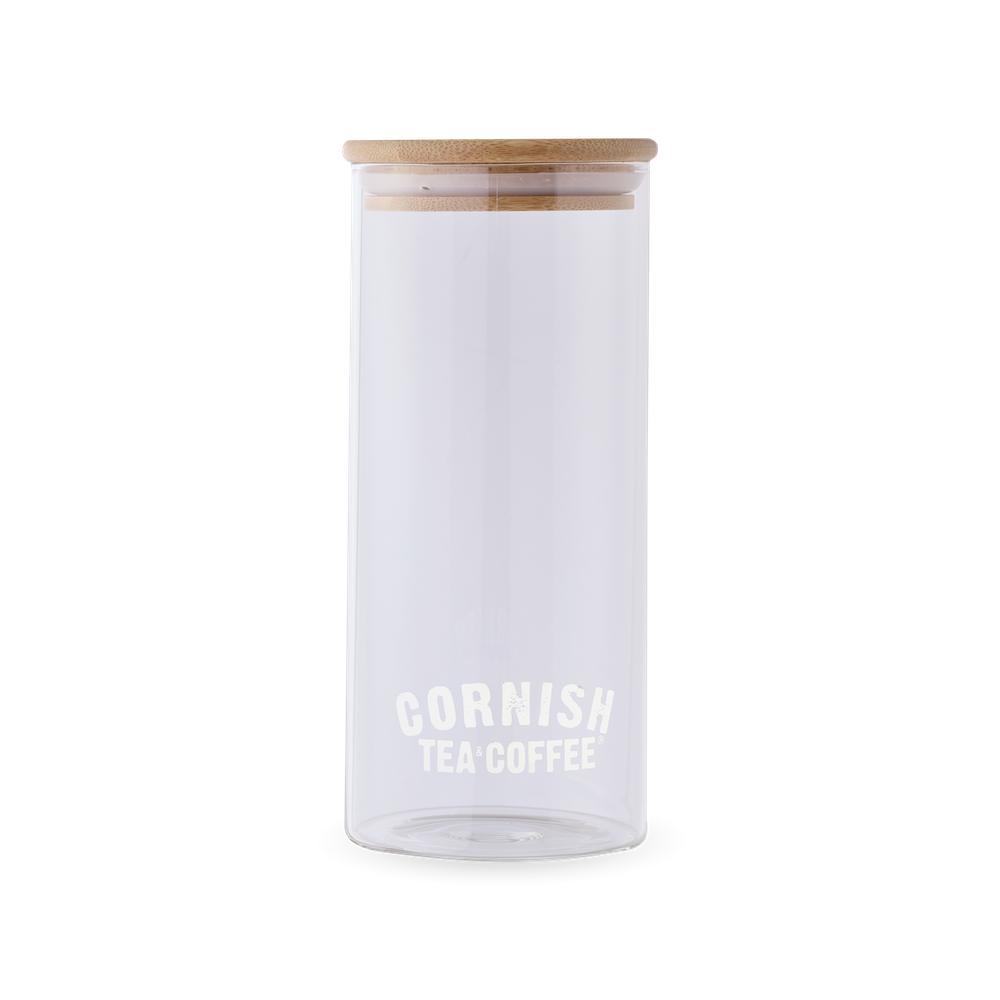 Cornish Tea & Coffee clear glass jar with airtight engraved bamboo lid for stylish kitchen storage.