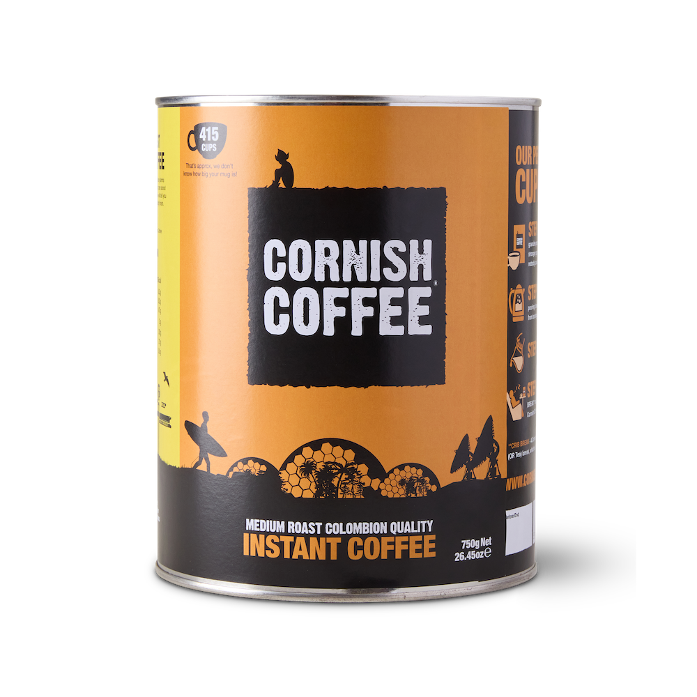 750g tub of Instant Cornish Coffee delivering rich, smooth, full-bodied flavour, ideal for busy mornings, offices, B&Bs, and hospitality use.