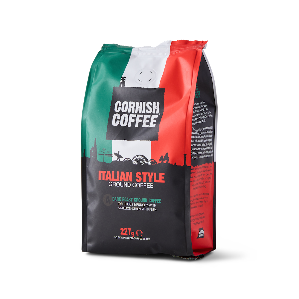 Bag of Italian Style Ground Coffee - 227g dark roast with bold flavour, molasses sweetness and chocolate finish, produced in Cornwall.