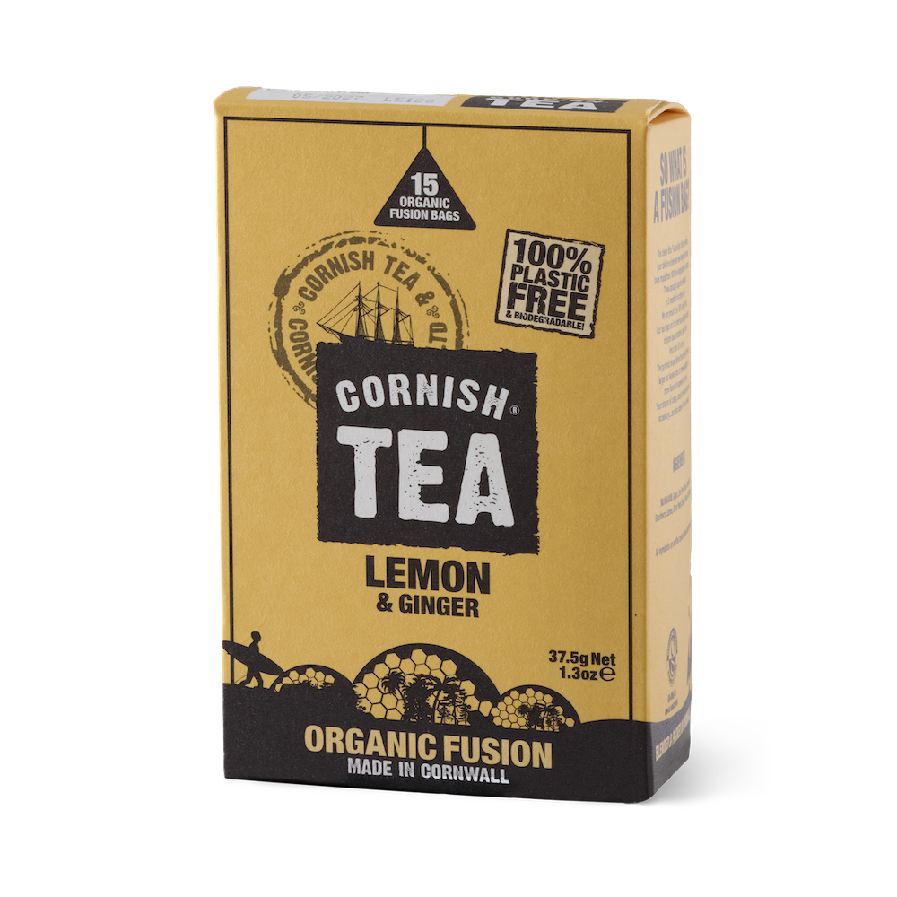 Pack of 15 organic Lemon & Ginger fusion tea bags with ginger, lemongrass, and citrus peel, naturally caffeine-free and certified organic.