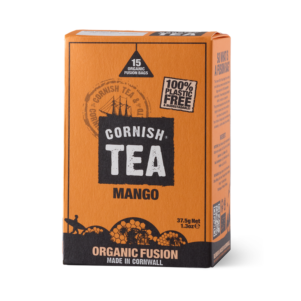Box of 15 organic Mango Fusion pyramid tea bags.