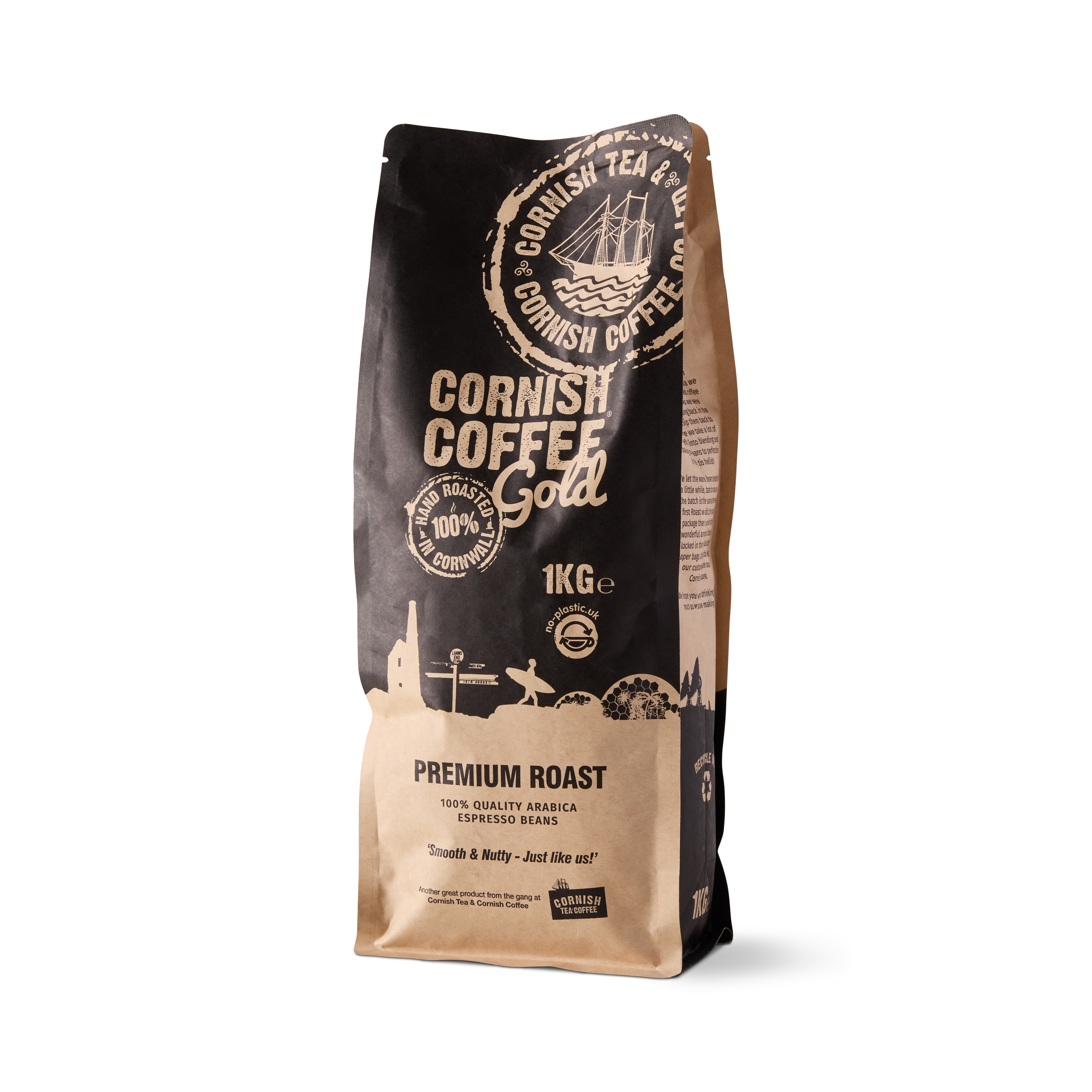 1kg bag of Premium Roast Cornish Coffee Beans – medium roast Arabica beans from Guatemala and Brazil, roasted in Cornwall with citrus and caramel notes.