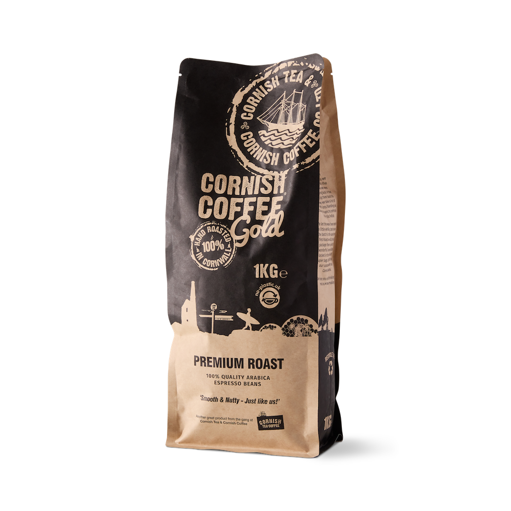 1kg bag of Premium Roast Cornish Coffee Beans – medium roast Arabica beans from Guatemala and Brazil, roasted in Cornwall with citrus and caramel notes.