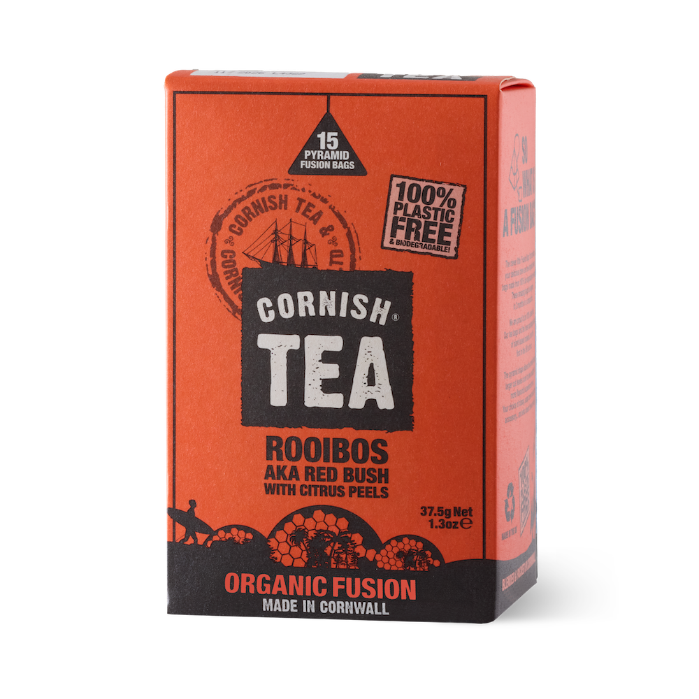 Box of 15 Rooibos Fusion Tea Bags – organic redbush with citrus and hibiscus, caffeine-free in biodegradable bags.