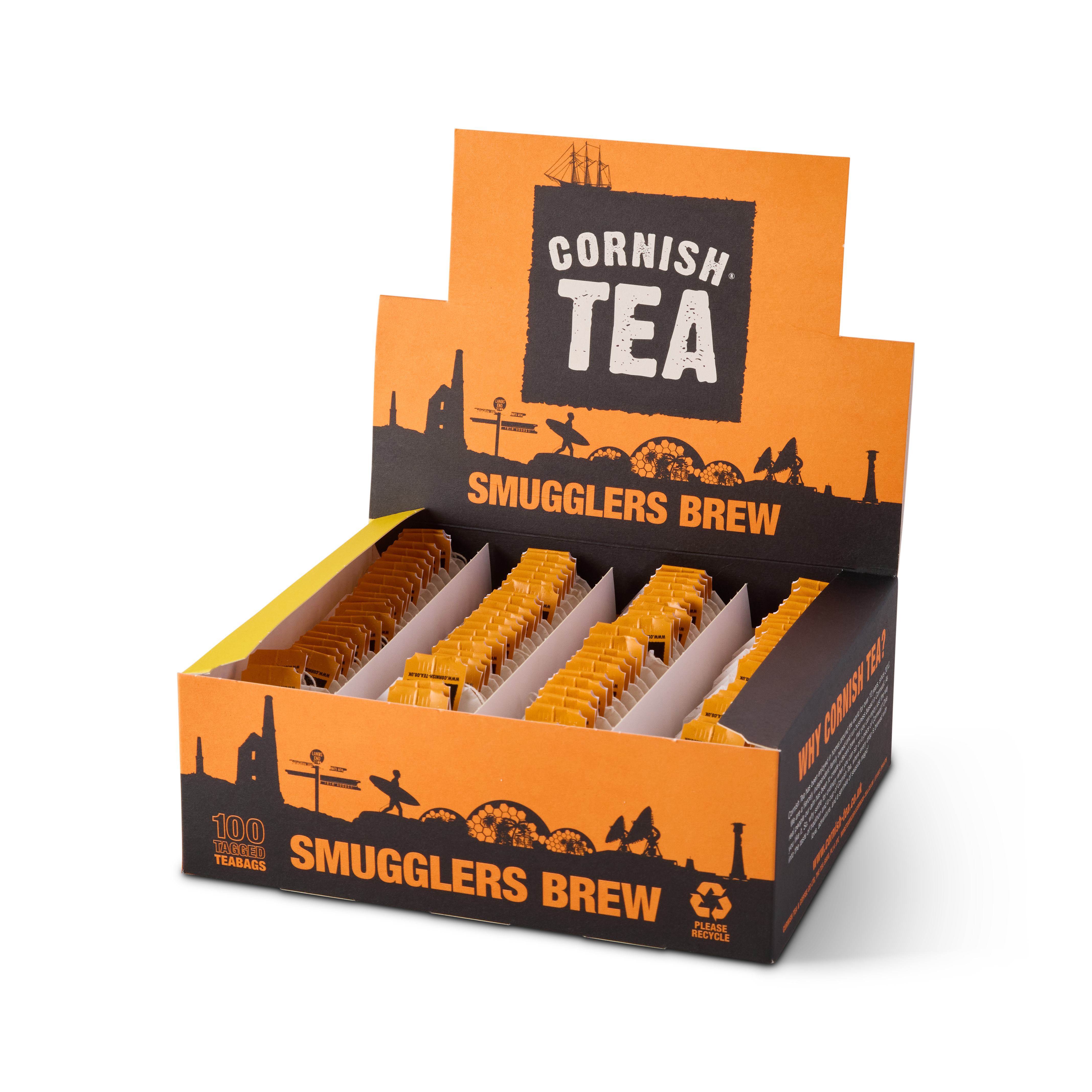 Box of 100 Smugglers Brew string and tag tea bags, proudly plastic-free and packed in Cornwall with bold orange branding.