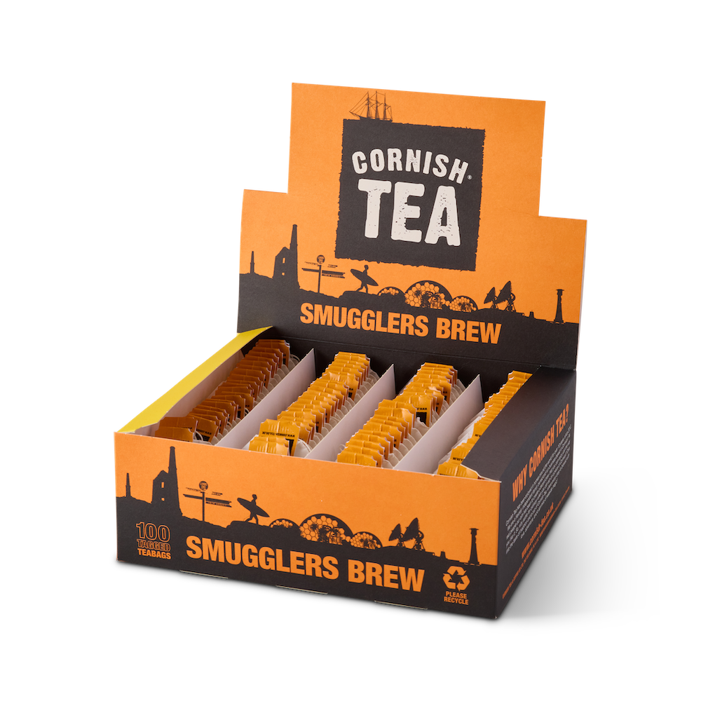 Box of 100 Smugglers Brew string and tag tea bags, proudly plastic-free and packed in Cornwall with bold orange branding.
