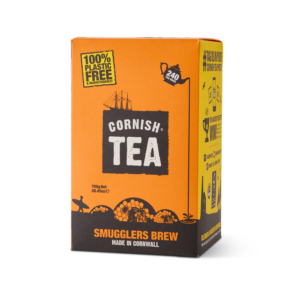 Box of 240 Smugglers Brew tea bags in 6 sealed sleeves, Cornish black tea, plastic-free and biodegradable.