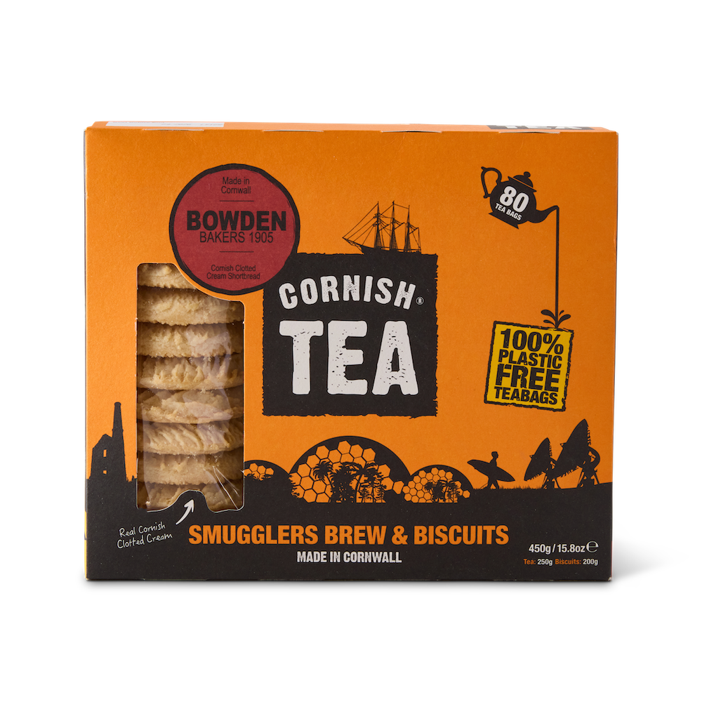 Gift box featuring a pack of Cornish Smugglers Brew Tea and a box of Clotted Cream Biscuits. The packaging highlights the iconic orange of Smugglers Brew and classic Cornish branding – perfect for gifting.