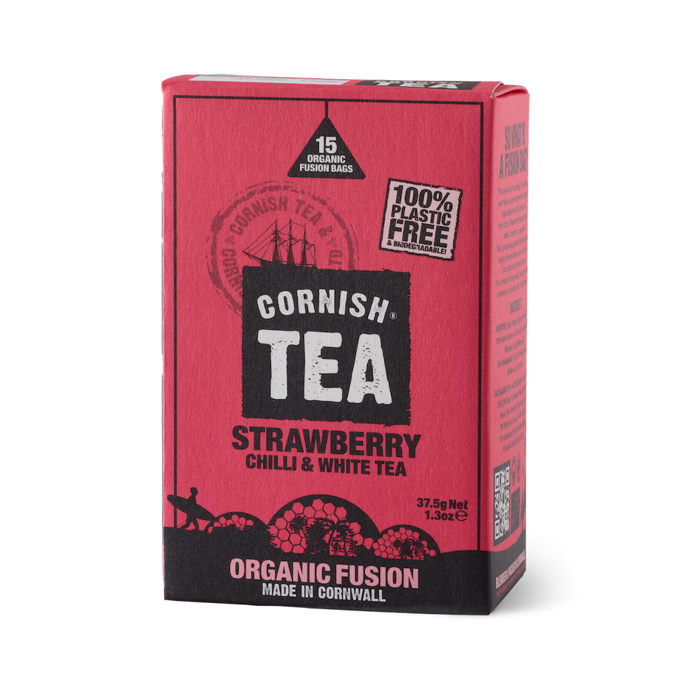Box of 15 Strawberry, Chilli & White Tea fusion bags with real strawberry and a subtle chilli heat, made with delicate white tea leaves.