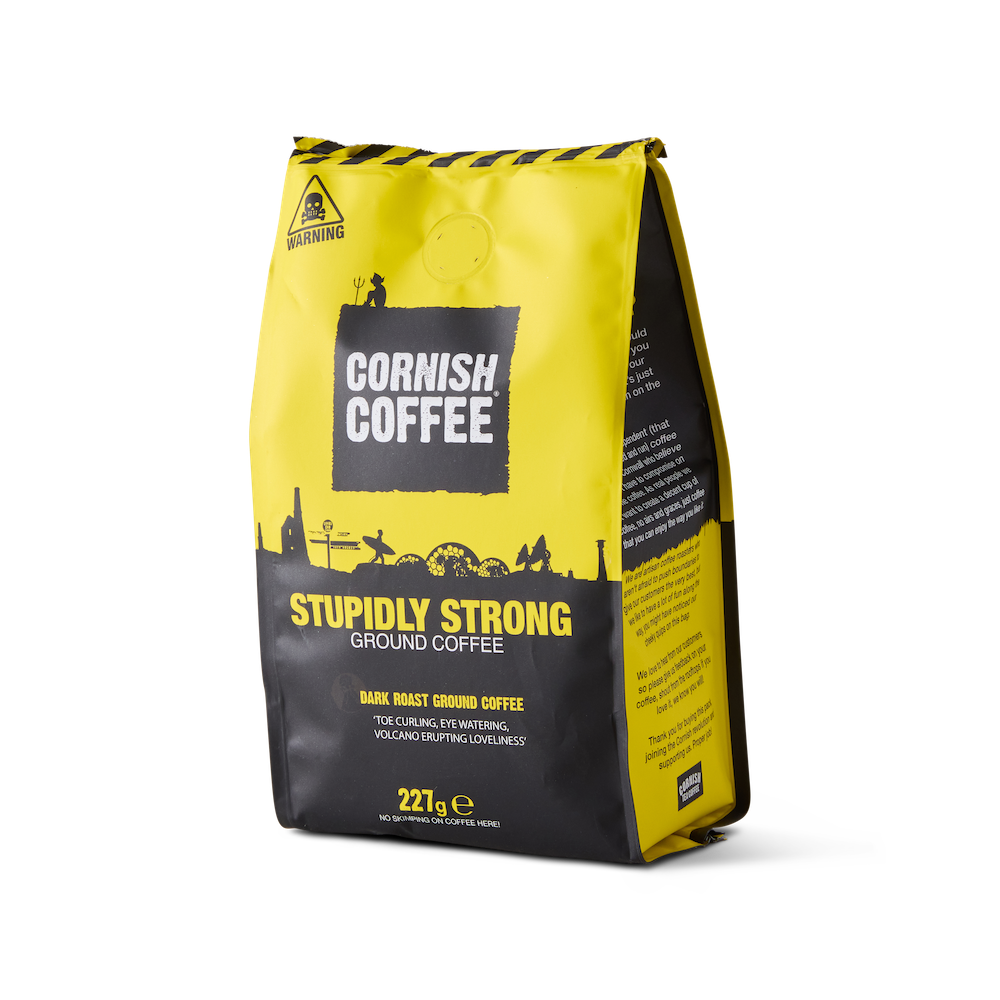 Bag of Stupidly Strong Ground Coffee - 227g high-caffeine blend with warning label, produced in Cornwall for maximum strength.
