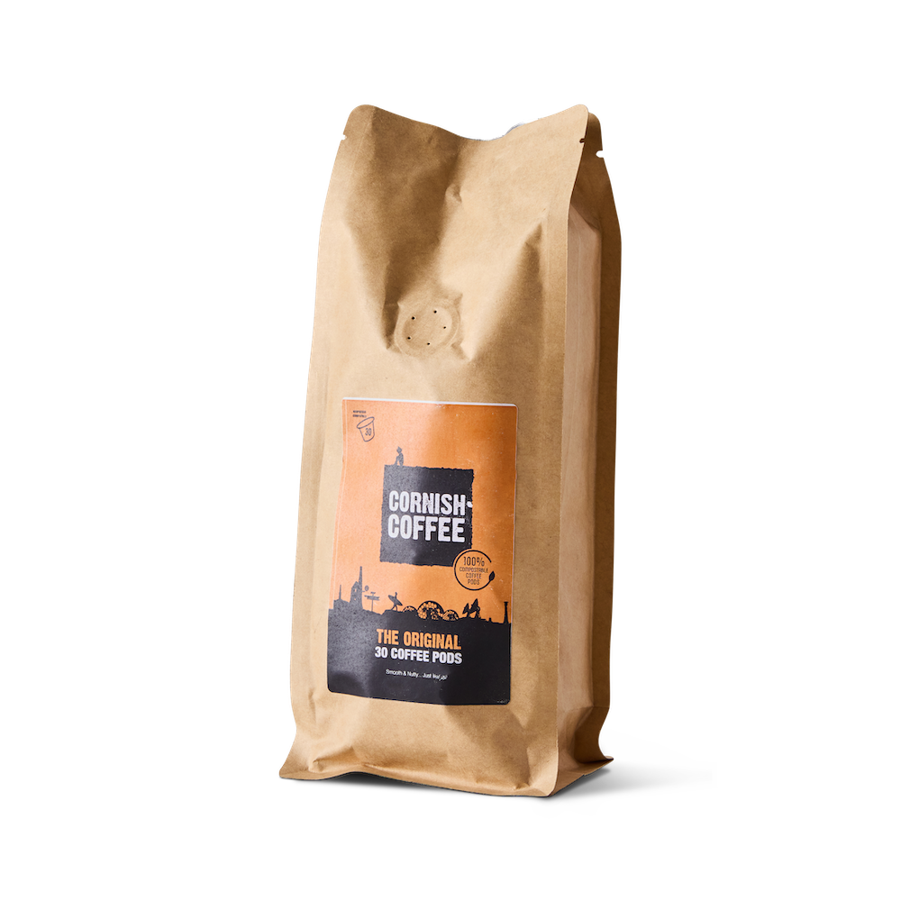 Bag of The Original Cornish Coffee Pods – 30 Nespresso-compatible compostable capsules with smooth, nutty flavour.