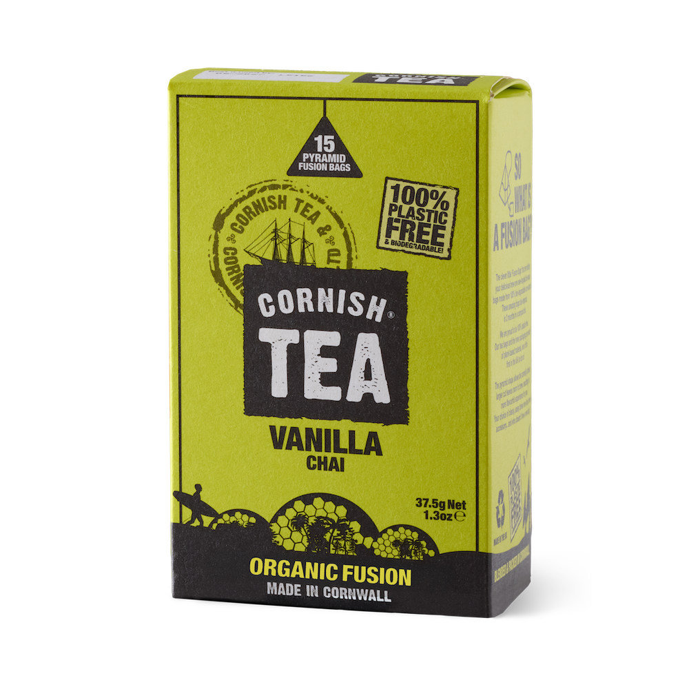 Pack of 15 organic Vanilla Chai fusion tea bags with liquorice, cinnamon, cardamom, and vanilla, naturally caffeine-free and certified organic.