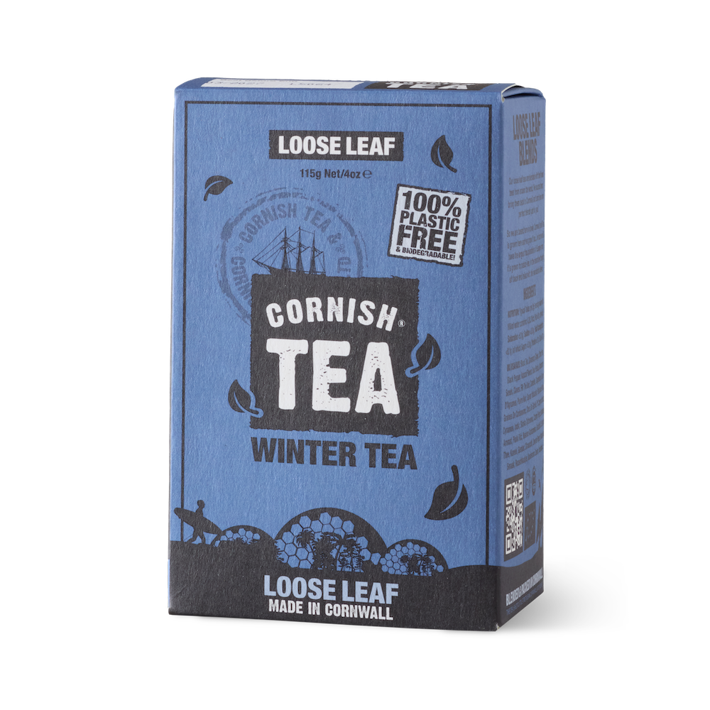 A box of Loose Leaf Cornish Winter Tea with the branding and product details visible. 