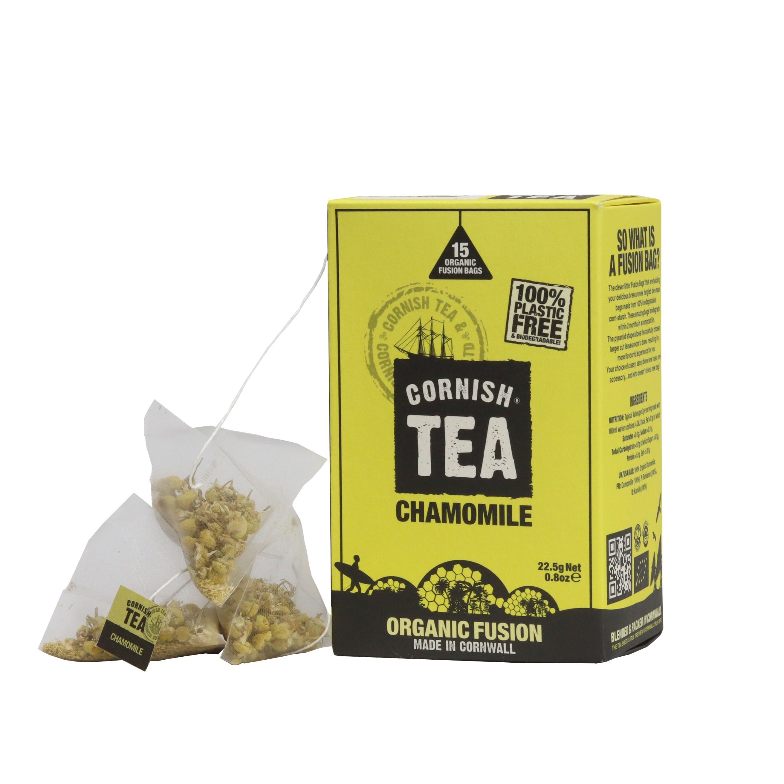 Box of 15 organic chamomile fusion tea bags with whole chamomile flowers, naturally caffeine-free and perfect for relaxation.